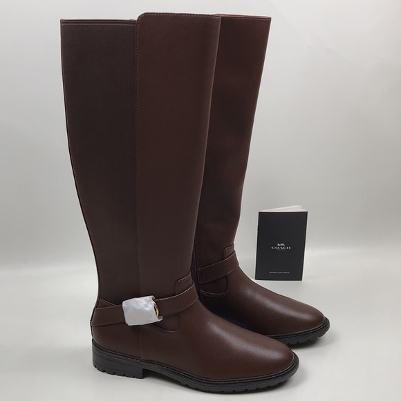 COACH Farrah Brown Leather Tall Riding Boots Logo Buckle NEW NWOB - Picture 2 of 16